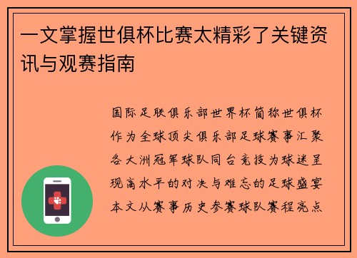 一文掌握世俱杯比赛太精彩了关键资讯与观赛指南