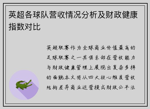 英超各球队营收情况分析及财政健康指数对比