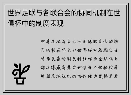 世界足联与各联合会的协同机制在世俱杯中的制度表现