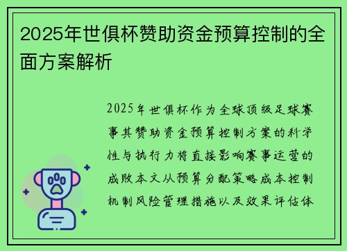 2025年世俱杯赞助资金预算控制的全面方案解析